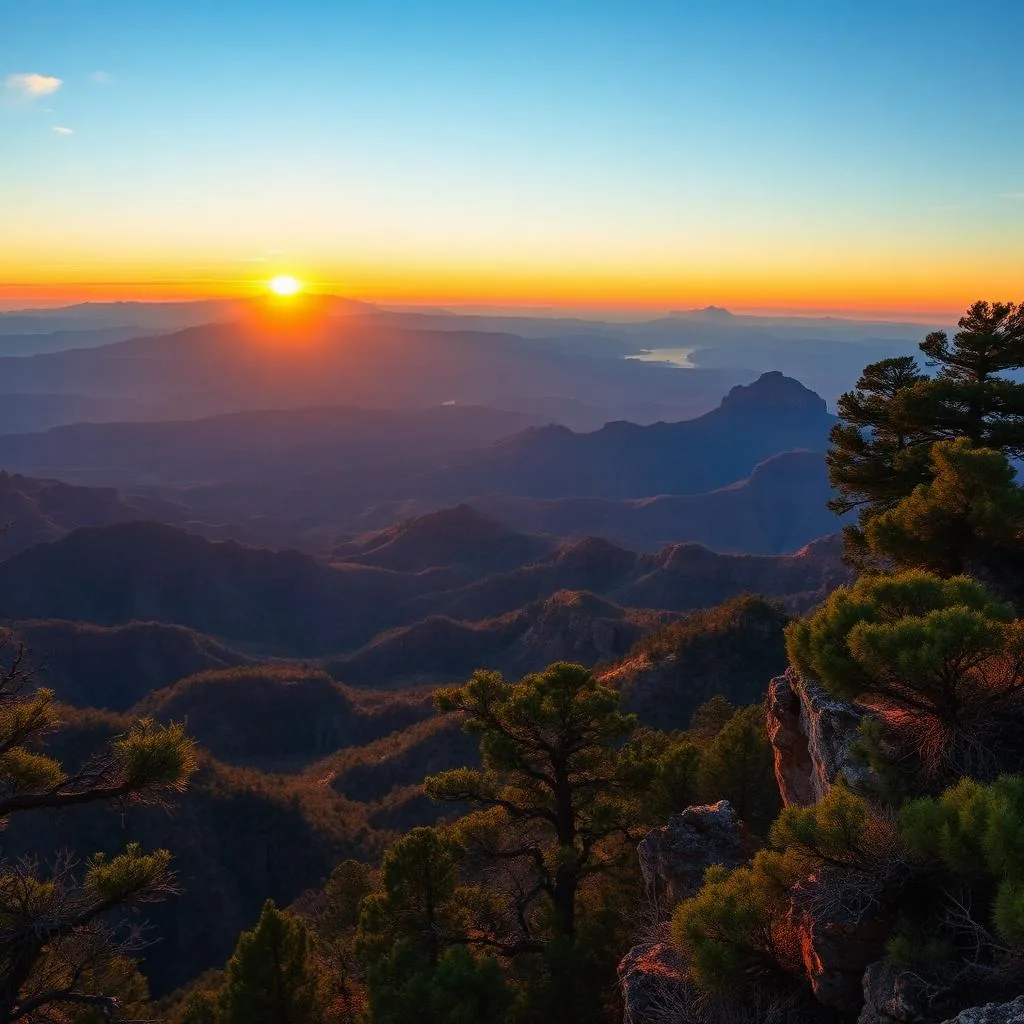 Sweeping sunset view from a forested ponderosa pine cliff edge across vast layered blue ridges from the Mogollon Rim Arizona