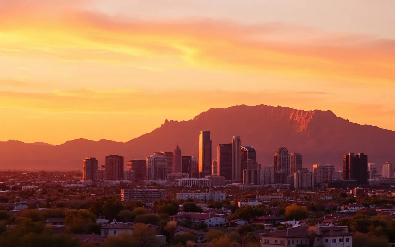 Phoenix Arizona skyline at sunset with Camelback Mountain glowing behind it