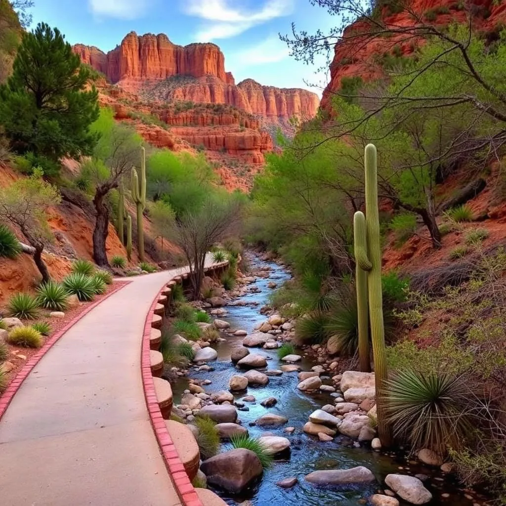 Paved trail along Sabino Creek in Sabino Canyon Tucson with saguaro cacti and Santa Catalina cliff walls above