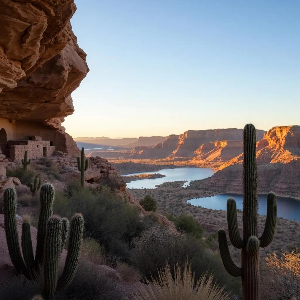 Ancient cliff dwelling ruins built into a sandstone alcove overlooking turquoise Roosevelt Lake with saguaro cacti in the foreground