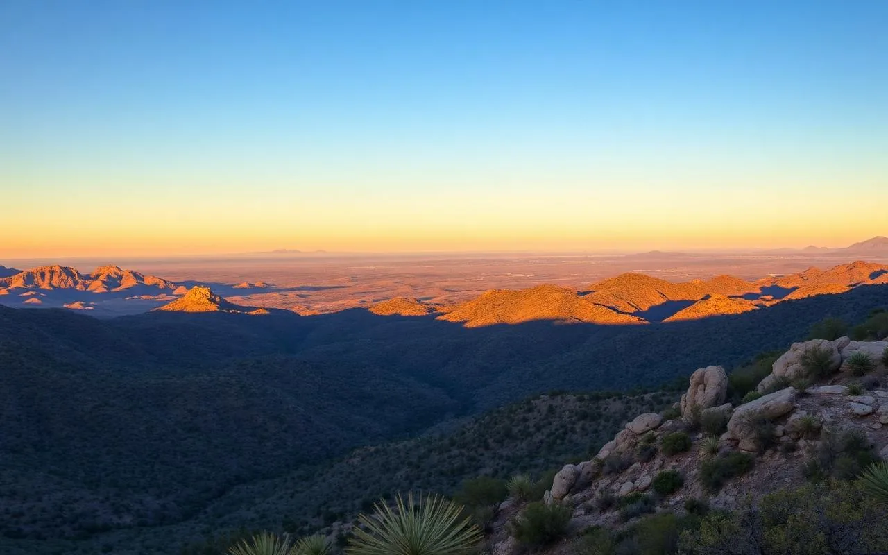 Sweeping sky-island desert view near Tucson Arizona at golden hour