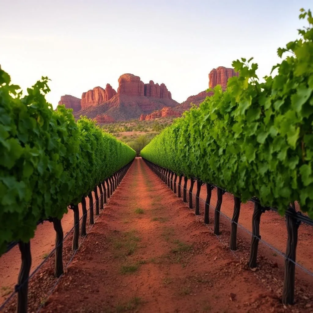 Rows of green grapevines in a Verde Valley Arizona vineyard with red rock mesas in the background at golden hour