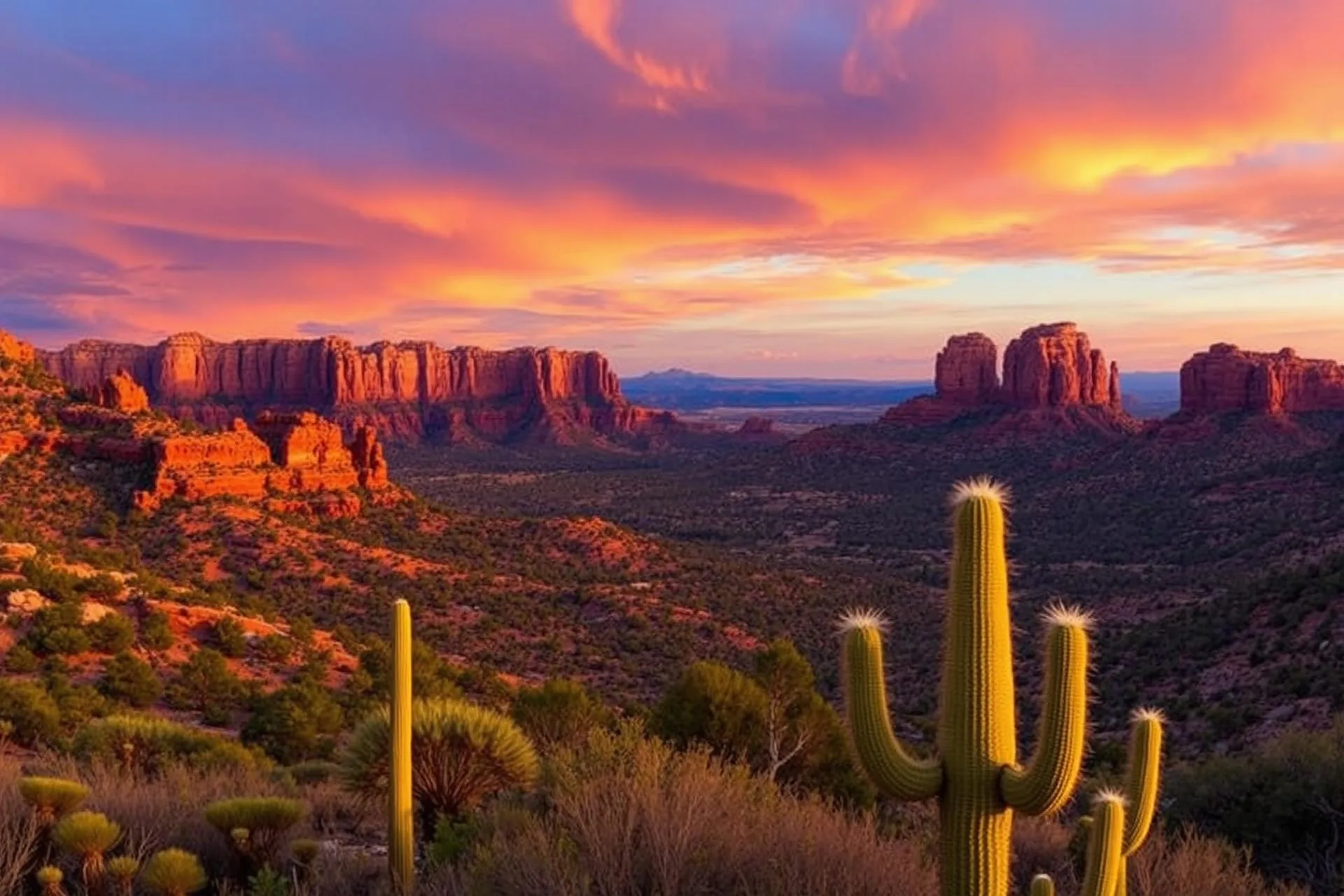 Arizona red rock desert landscape at sunset with saguaro cacti